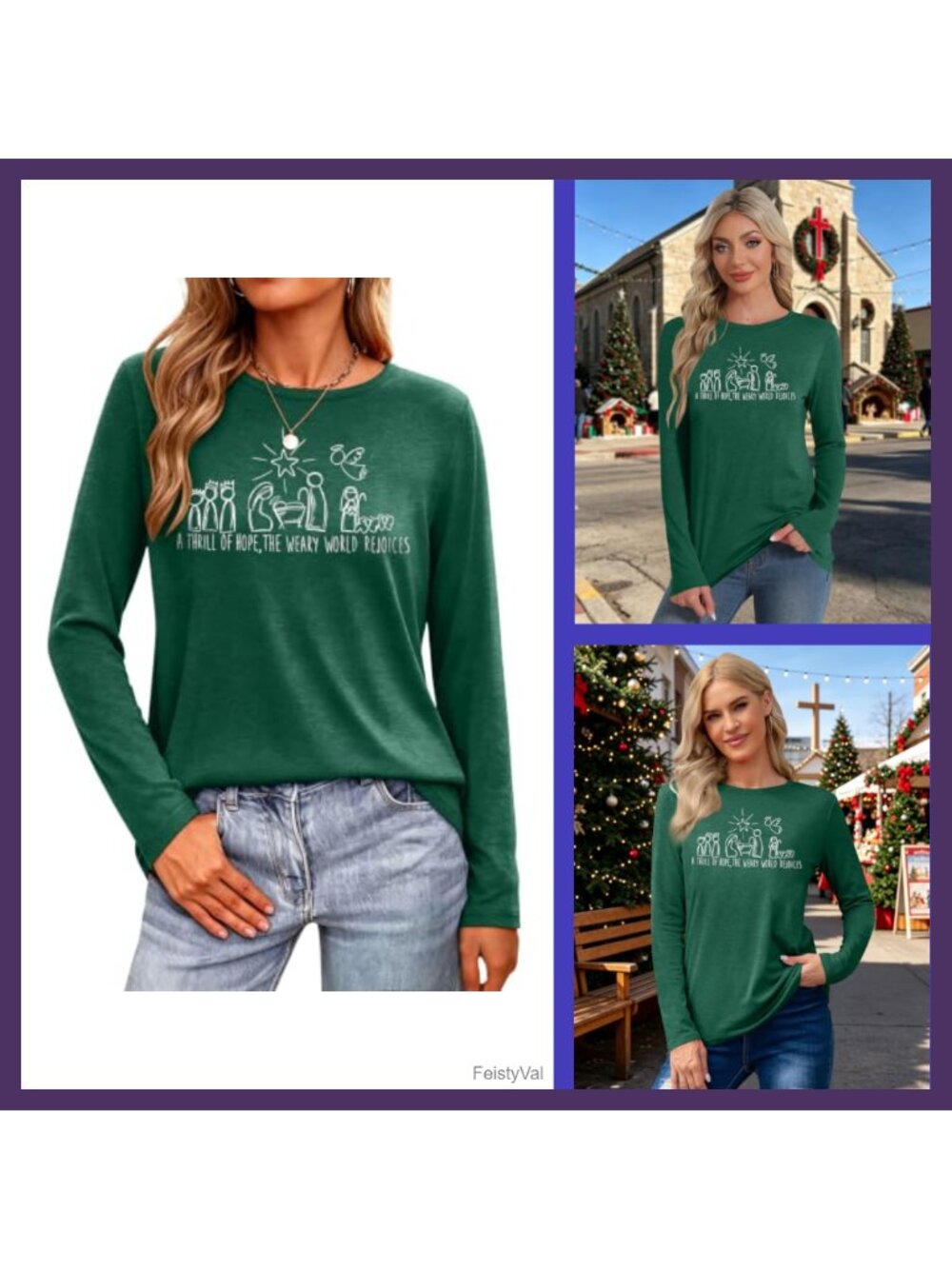 Christian Believe Christmas Long Sleeve T-Shirt Crew Neck Letter Print Faith Tee